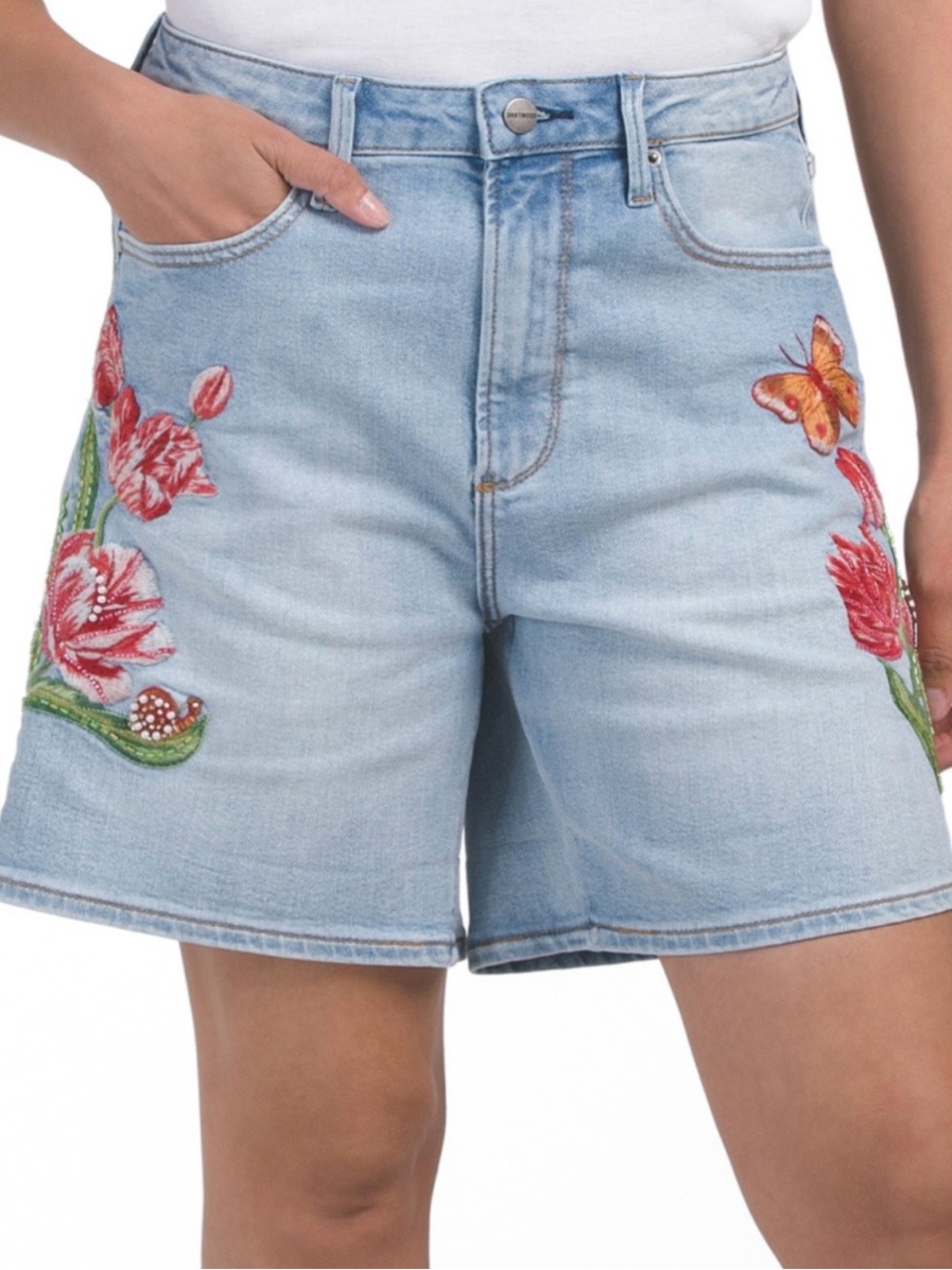 DRIFTWOOD Light Blue Denim Shorts with Red Floral & Orange Butterfly Embroidery